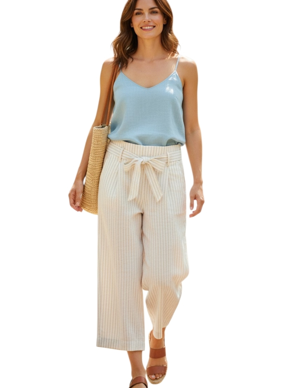 Striped Paperbag Waist Wide Leg Pants Cream Grey High Rise Tie Waist Chic Sz 10